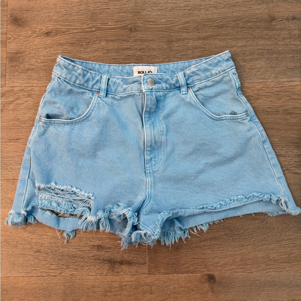 Rolla’s Dusters High Rise Slim Distressed Cut Off Mom Shorts Light Blue 29